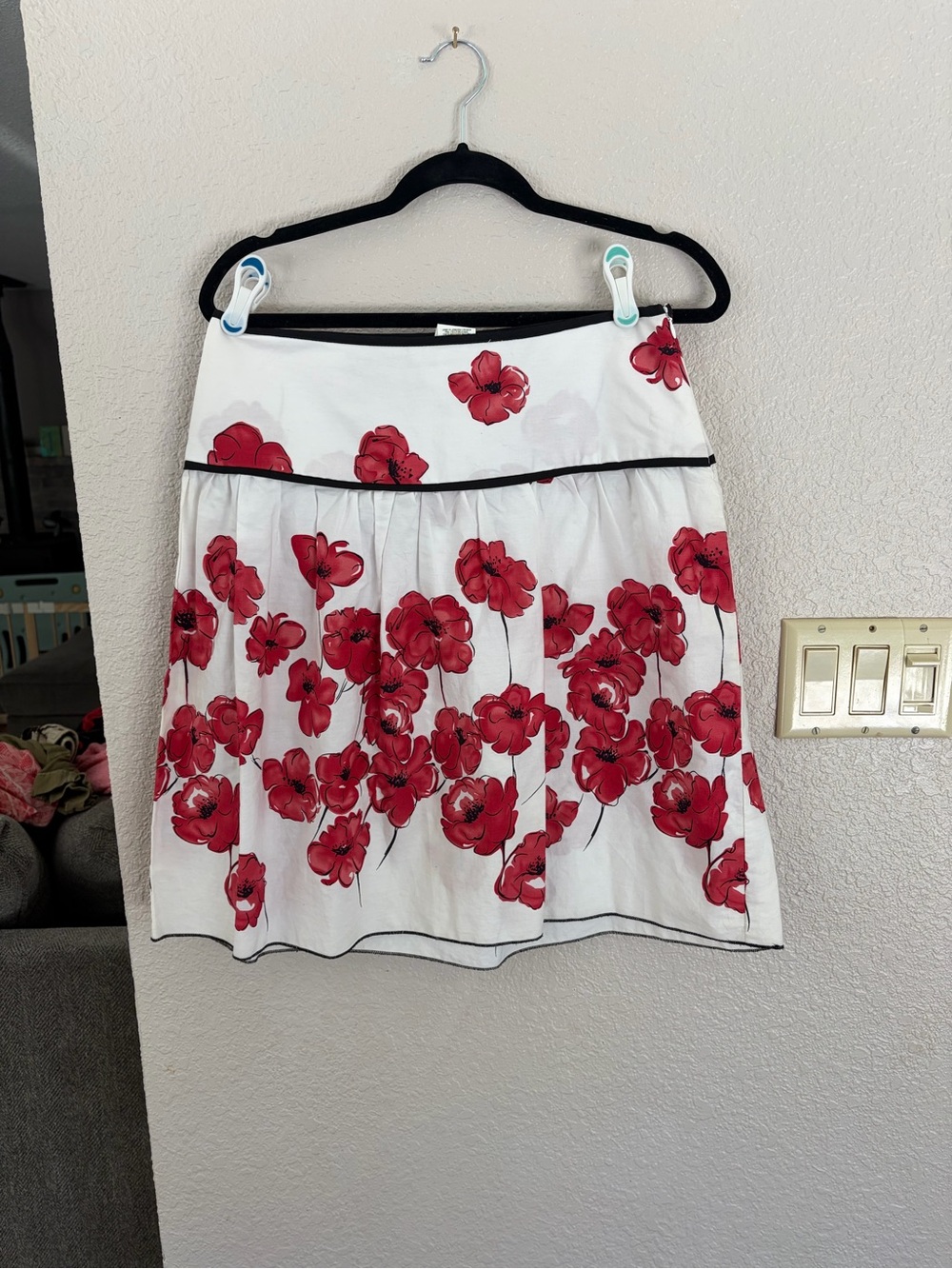 Speechless White A-Line Skirt with Red Floral Print and Black Trim